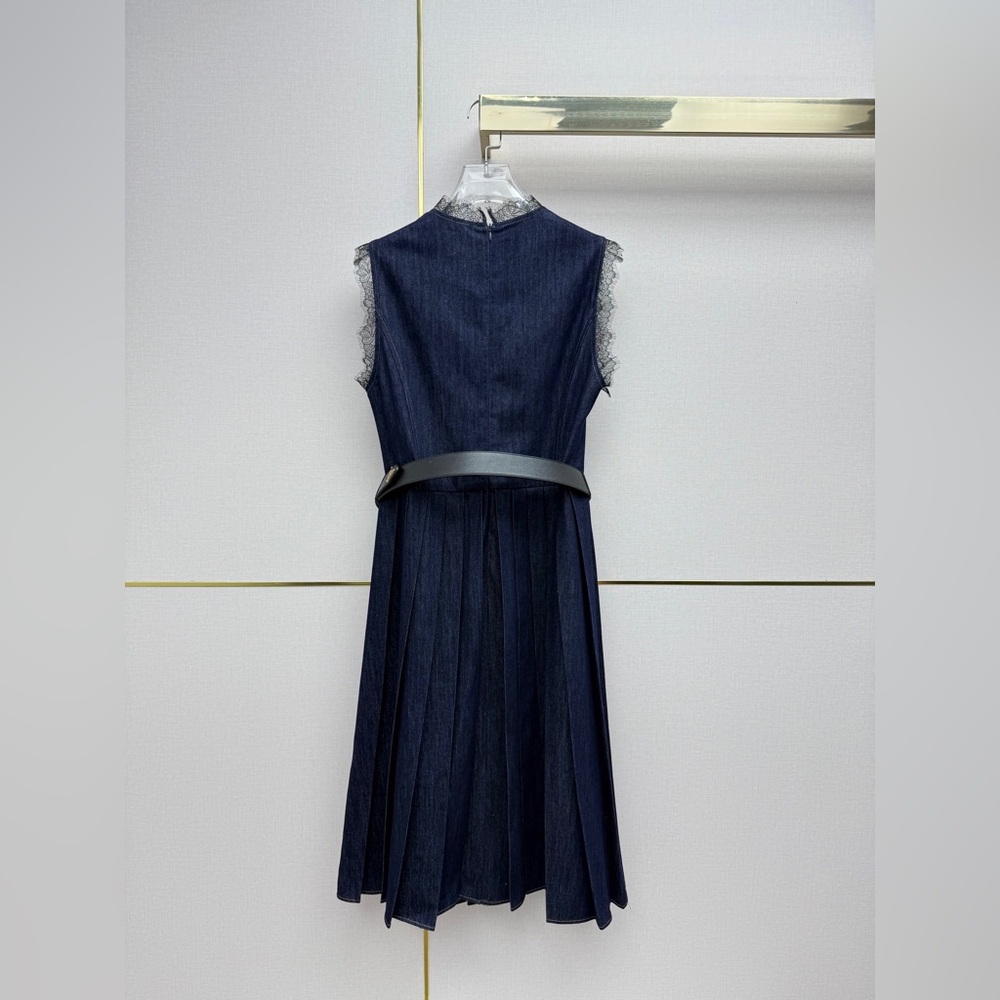 Prada lace-neck denim dress paired with a belt - Picture 2 of 7
